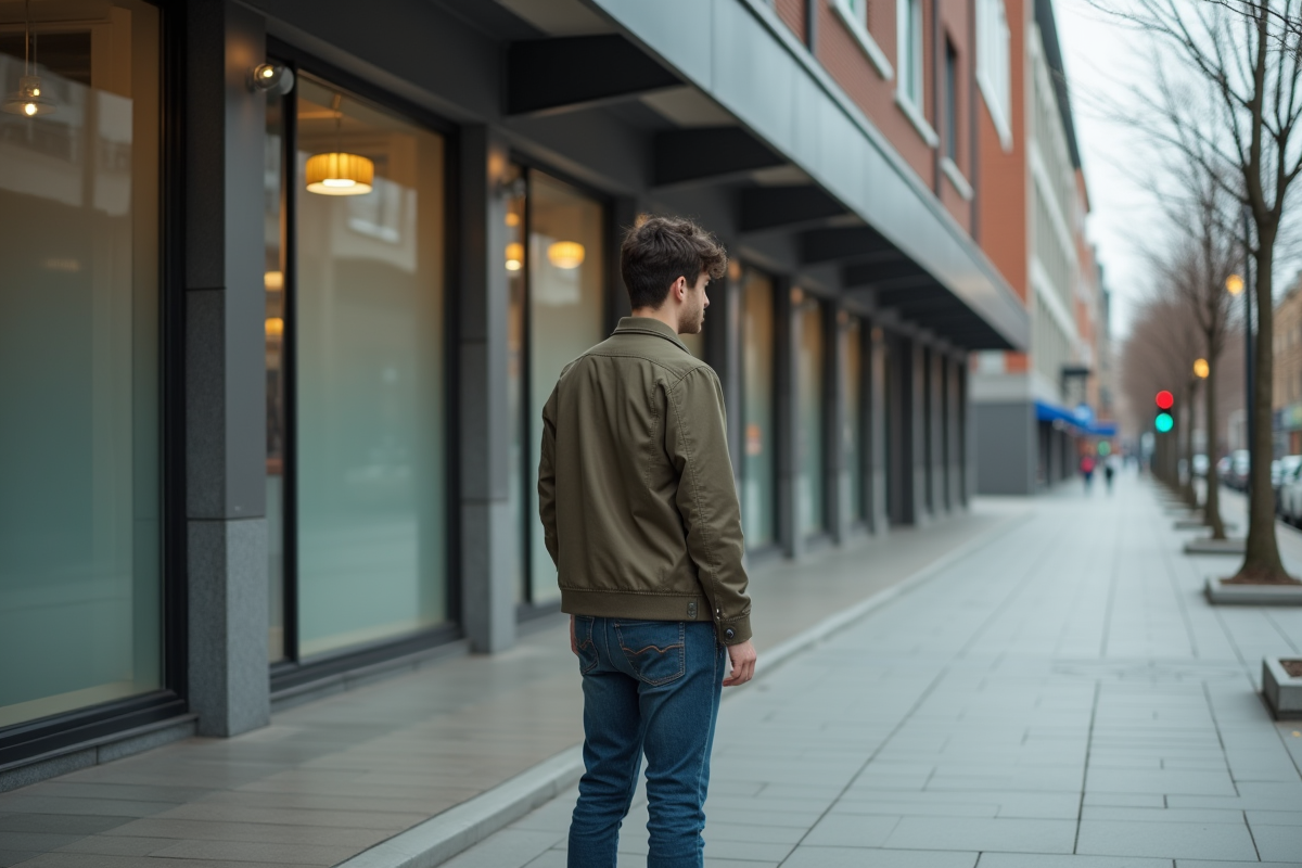 Jeune homme devant des vitrines de magasins vides en ville moderne