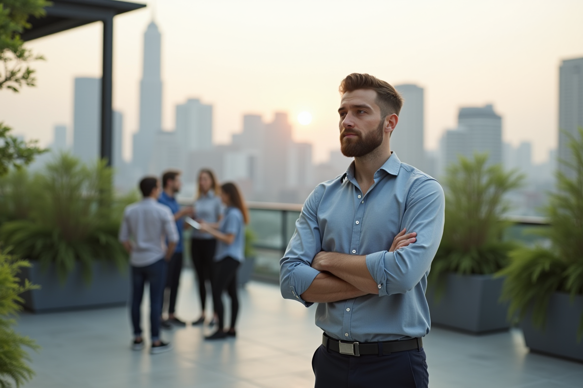 Jeune manager observant une séance de brainstorming en extérieur