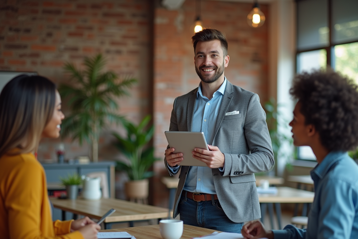Jeune homme mentorant une équipe dans un espace de travail