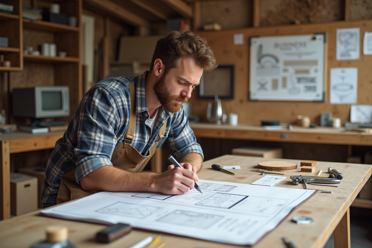 Jeune menuisier étudiant ses plans dans son atelier lumineux