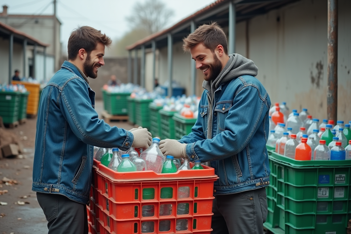 Deux jeunes triant des bouteilles en plastique recyclé en extérieur