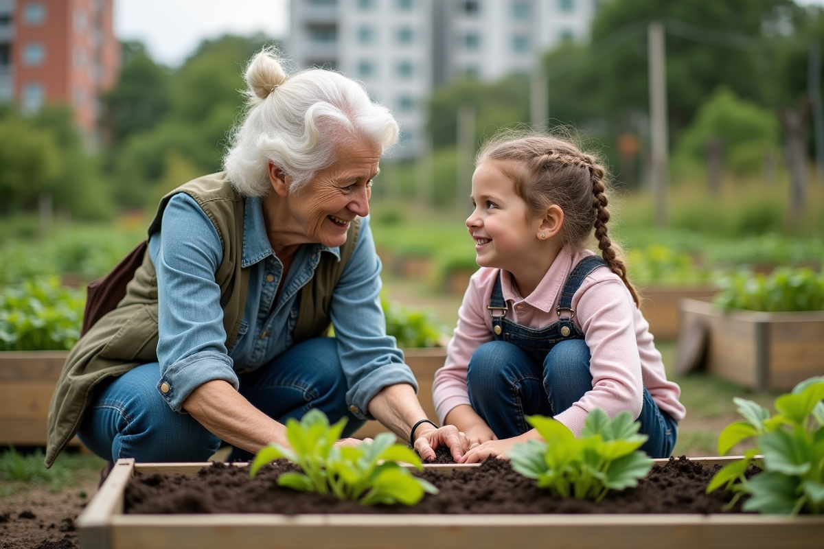 Jeune fille et femme plantant des semis dans un jardin communautaire