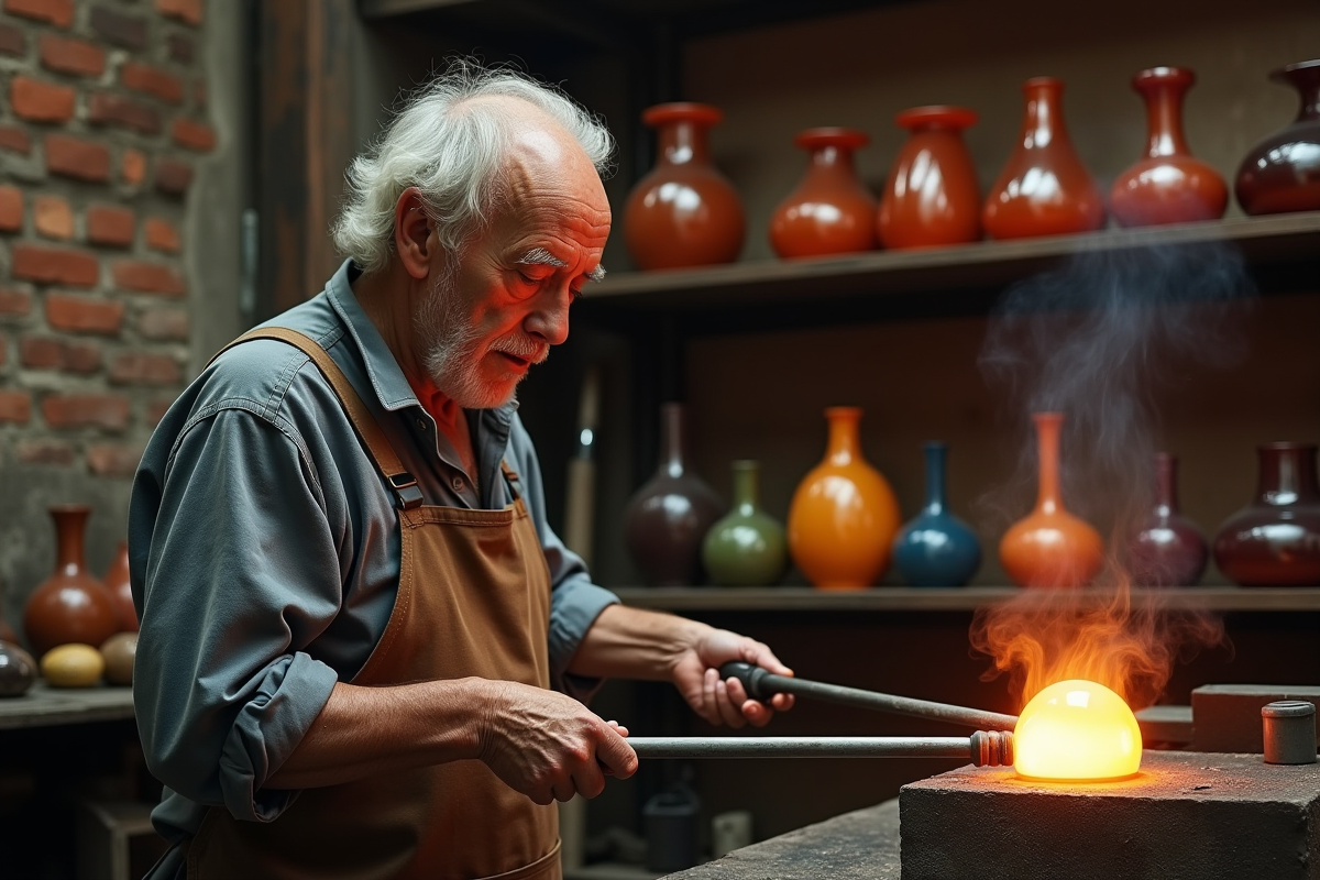 Maître verrier soufflant du verre dans son atelier