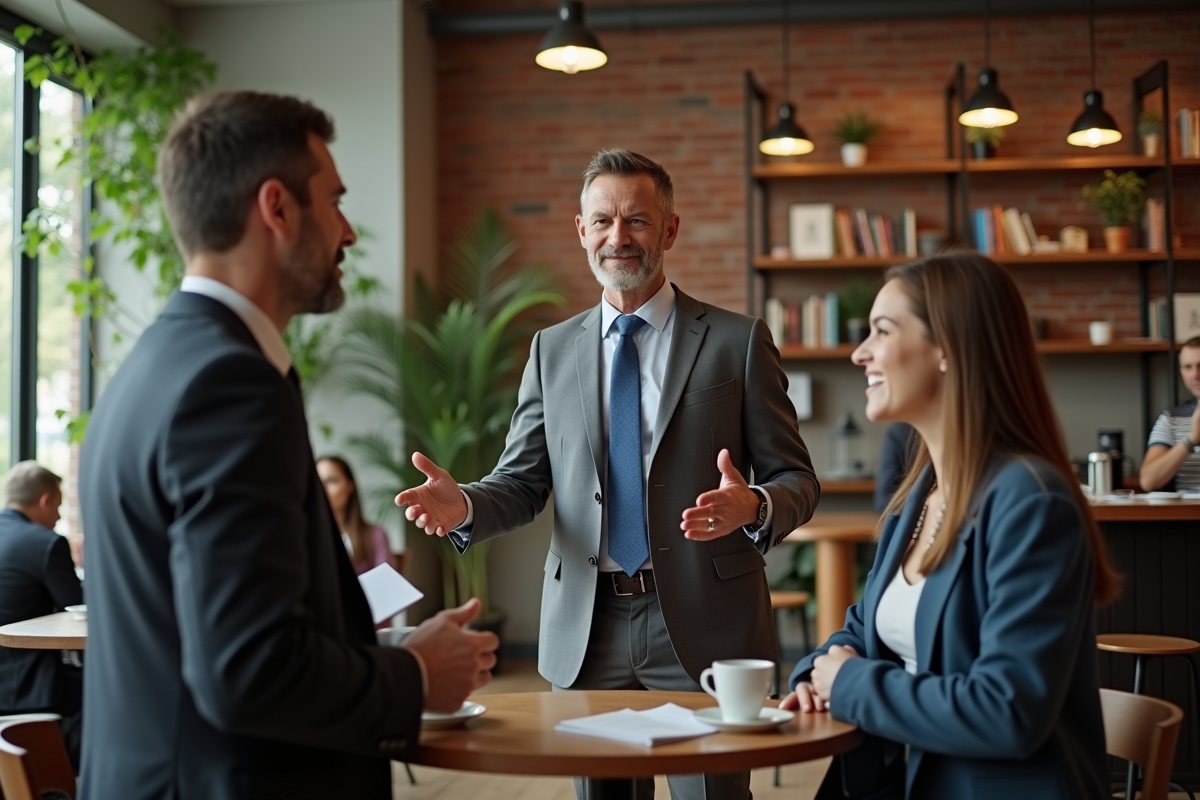 Homme en costume négociant avec une jeune femme dans un café
