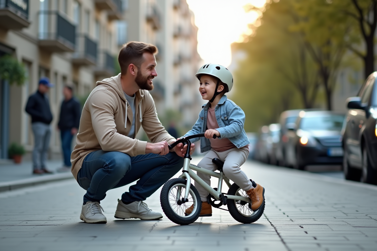 Père réconfortant son enfant avec vélo tombé dans la ville