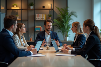 Groupe de professionnels en réunion dans un bureau moderne