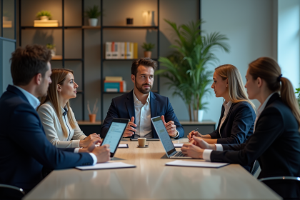 Groupe de professionnels en réunion dans un bureau moderne