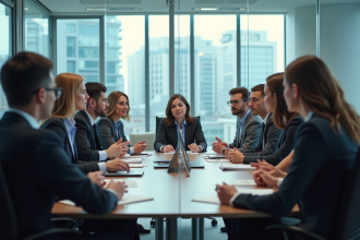 Groupe d'employes en réunion dans une salle moderne