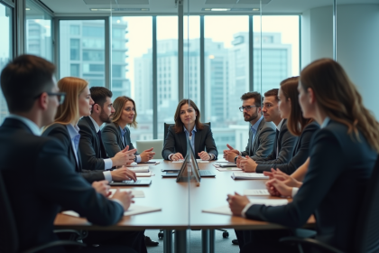 Groupe d'employes en réunion dans une salle moderne