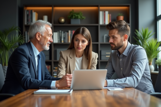 Trois professionnels en discussion dans un bureau moderne