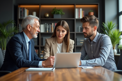 Trois professionnels en discussion dans un bureau moderne