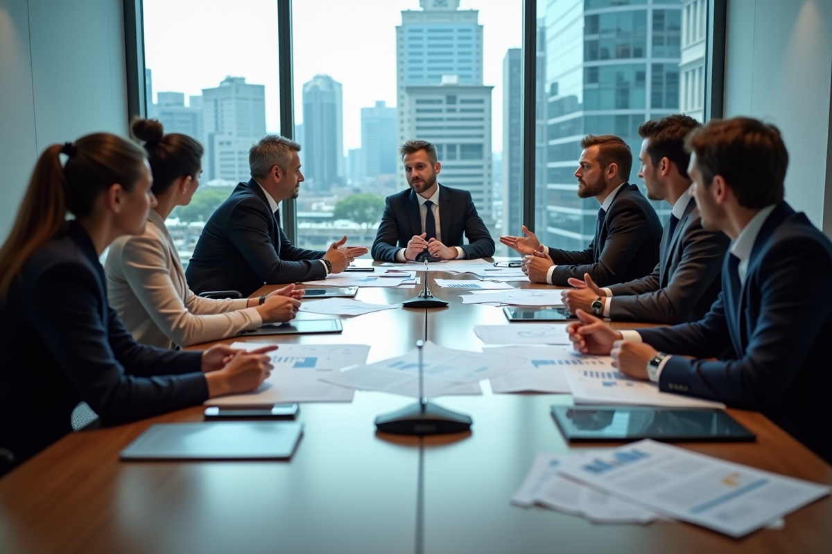 Groupe de professionnels en réunion dans une salle moderne