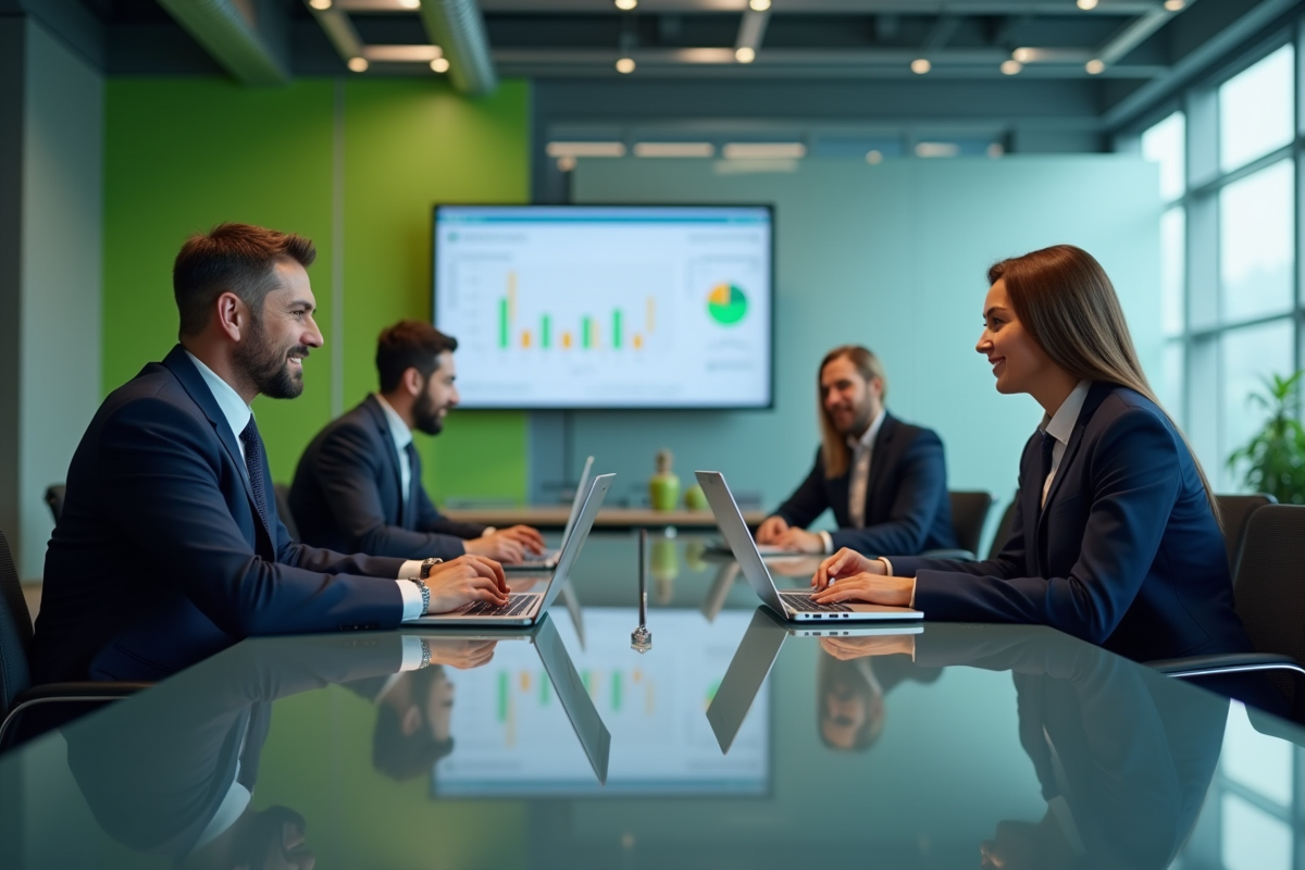 Groupe de collègues en visioconference dans une salle moderne