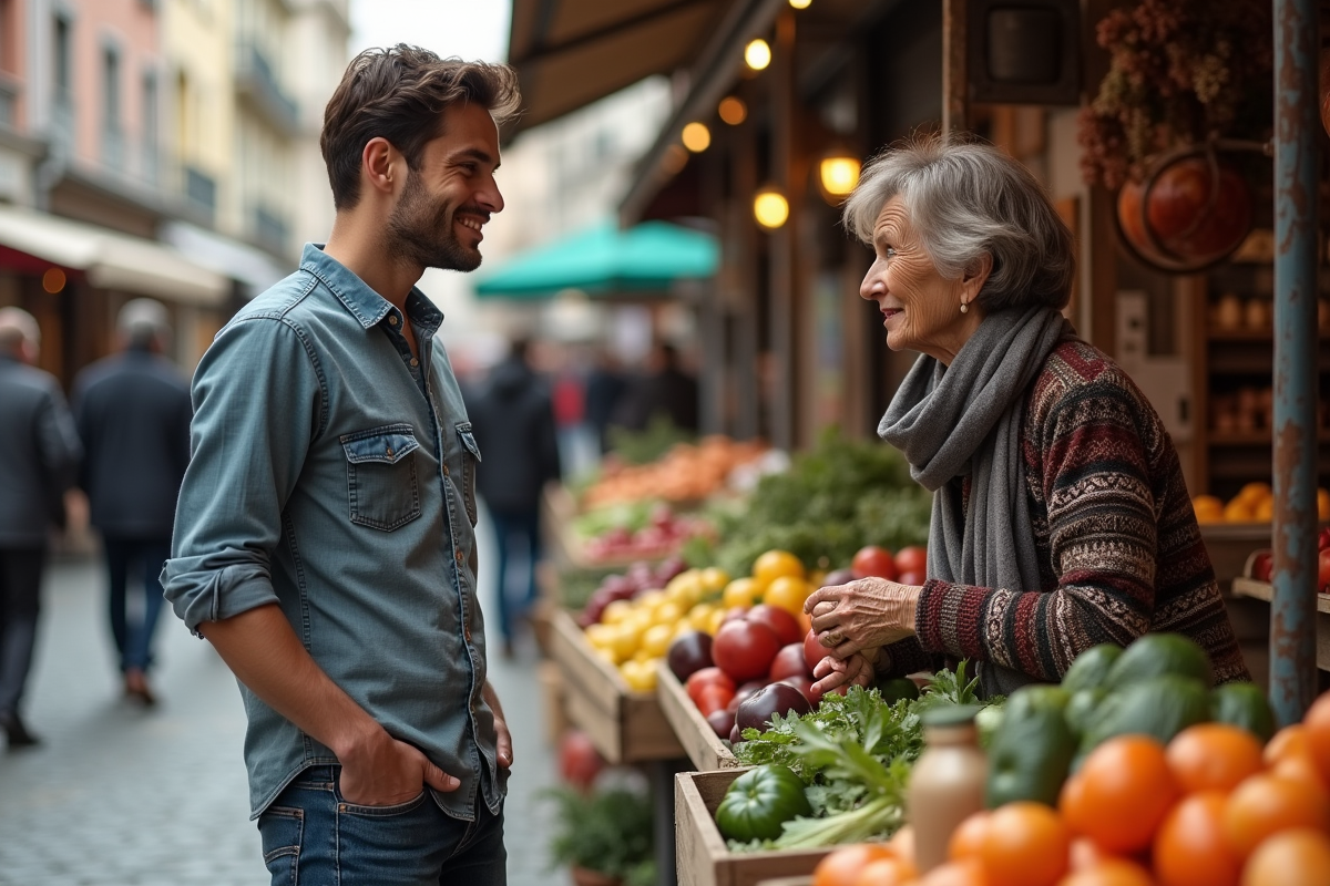 Jeune homme parlant avec une vendeuse âgée au marché pour l